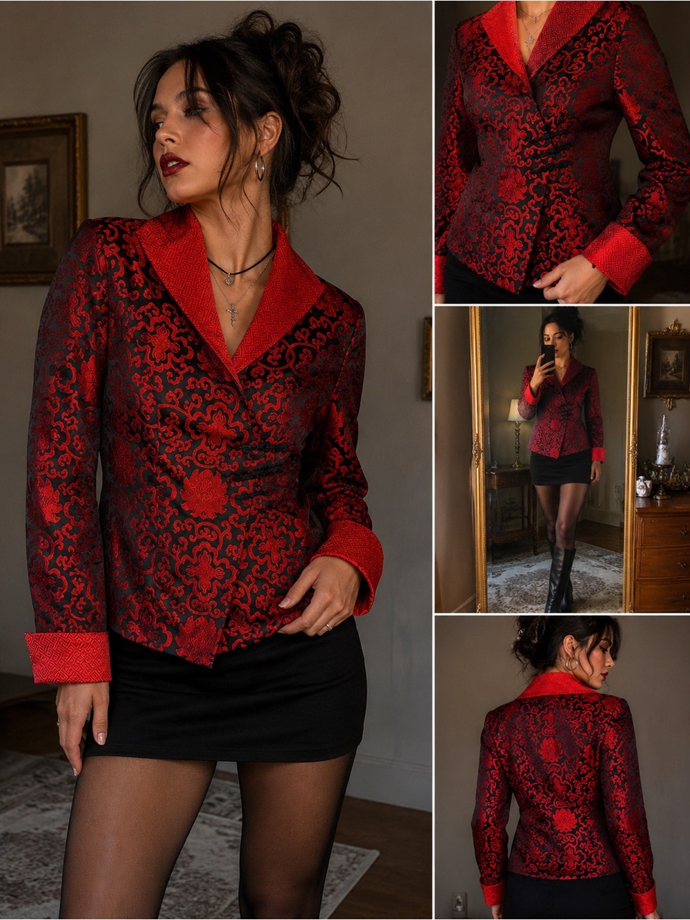 Dragon Silk Red and Black Brocade Jacket 100% Silk Size XL